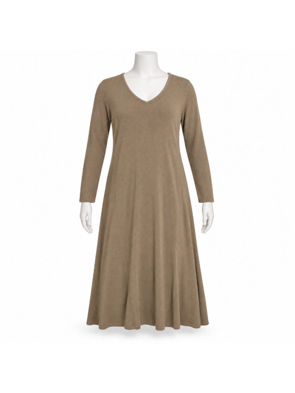 Whisper Knit Long Sleeve Minimalist V-Neck A-Line Dress Louis DellOlio Beige L